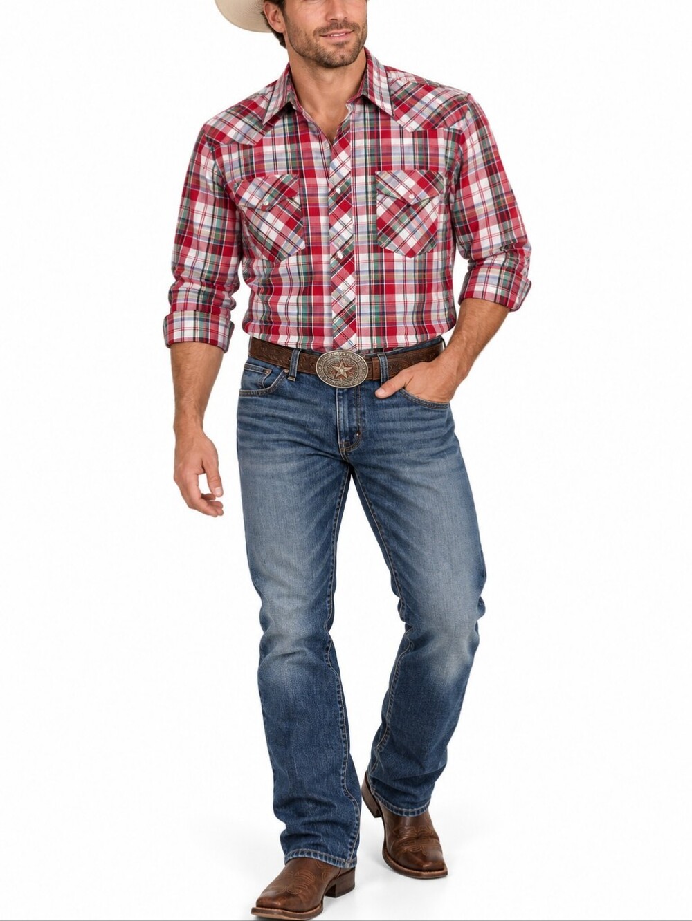 Rustlers Western Shirt Mens  Pearl Snap Long Sleeve Size Large Red Plaid Vintage